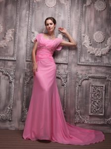 Beaded Rose Pink Brush Train Empire V-neck Chiffon Prom Dress