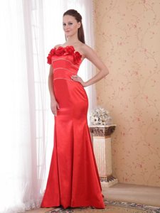 Satin Red Strapless Mermaid Prom Gown with Hand Made Flower