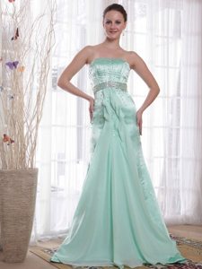 Satin Apple Green Chiffon Strapless Beads Prom Gown for Cheap