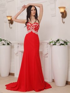 Chic Sweetheart Red Brush Train Chiffon Prom with Appliques