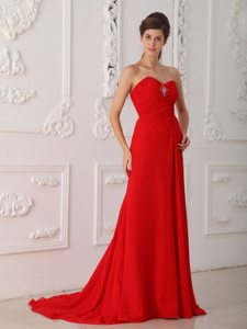 Brush Train Beading Chiffon Ruched Train Red Celebrity Prom Dress