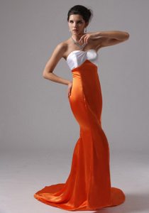 Mermaid Sweetheart White and Orange Red Train Evening Prom Dress