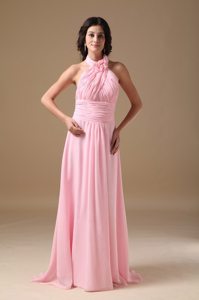 Halter Baby Pink Chiffon Ruched Prom Mothers Dresses with Flowers