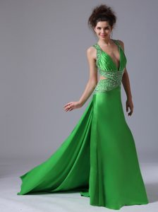 Watteau Style V-neck Spring Green Taffeta Pageant Prom Dresses