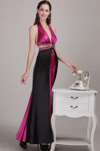 Fuchsia and Black Halter Beading Prom Dresses for Holiday Party