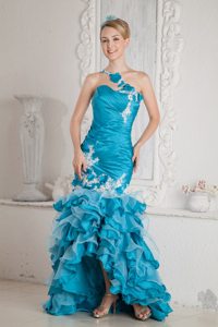 Teal Mermaid Ruffled High-low One Shoulder Appliques Prom Dress
