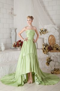 Pleated Yellow Green Taffeta Ruched Holiday Prom Dress Chapel Train