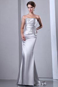 Beaded Column Sliver Ruching Brush Train Evening Prom Dresses