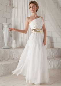 Gold Sequins White Ruched One Shoulder Chiffon Holiday Prom Dress
