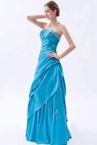 Teal Beading Strapless Taffeta Ruched Prom Dress for Formal Evening