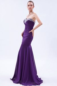 Rhinestone Mermaid Ruched Brush Train Purple Holiday Prom Dresses