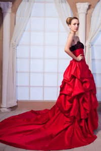 Lace Beading Red Taffeta Prom Graduation Dress with Chapel Train