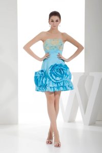 Embroidery Aqua Blue Hand Made Flowers Short Cocktail Prom Dress