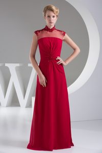 High Neck Wine Red Appliques Chiffon Prom Mother Of Bride Dress