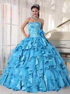 Ruffled Sweetheart Beading Teal Ruched Organza Dresses For Quinceanera