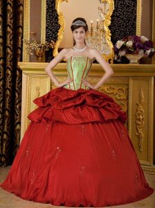 Appliques Strapless Pick Ups Back Out Taffeta Red Quinceanera Gowns