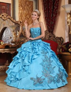 Layered Strapless Appliques Aqua Blue Taffeta Dresses For Quinceaneras