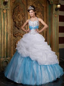 Halter Beading Pick Ups Floor-length White and Blue Sweet 15 Dresses