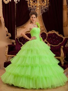 One Shoulder Handmade Flowers Ruffled Lemon Green Quinceaneras Dress