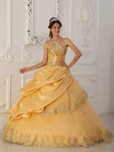 Sweetheart Beading Gold Pick Ups Taffeta and Tulle Quinceanera Gowns