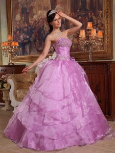 Beaded Strapless Layers Lavender Handmade Flowers Quinceanera Gown