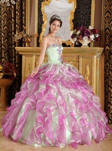 Apple Green And Fushcia Ruffled Appliqued Quinceanera Dress