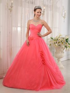 Sweetheart Floor-length Flowers Watermelon Quinceanera Gown