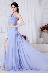 One Shoulder Watteau Train Beaded Slitted Lilac Prom Dress