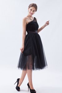 Free Shipping Tulle One Shoulder Tea-Length Little Black Dress