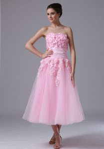 A-line Tea-length Pink Prom Dresses with Handmade Flowers