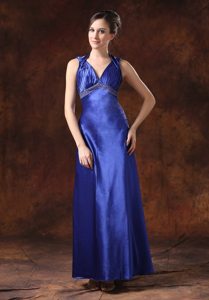 Royal Blue Ankle-length Beaded Backless Prom Dress for Girls