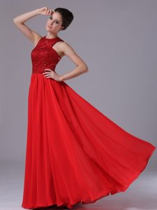 Chiffon Scoop Neck Paillette Red Ruffled Prom Celebrity Dress