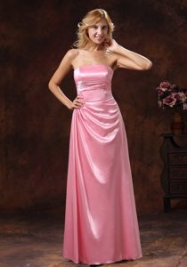 Elastic Woven Satin Rose Pink Strapless Ruched Prom Party Dress