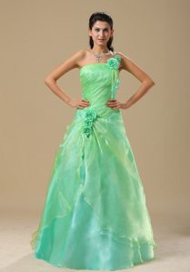 Cute One Shoulder Ruched Apple Green Prom Dress with Flowers