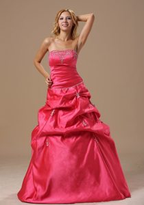 Cheap A-line Appliqued Ruched Pick Ups Prom Dress Coral Red