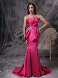 Mermaid Strapless Hot Pink Beaded Ruched Dress for Prom