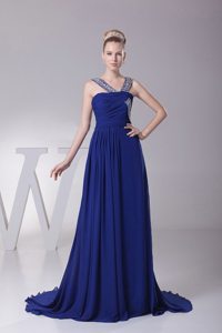 V-neck Beaded Ruched Blue Brush Train Prom Dress Factory