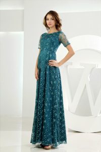 Magic Miss Scoop Short Sleeves Teal Lace Long Prom Dress