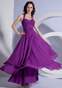 Chiffon Halter Zipper-up Ankle-length Purple Prom Holiday Dress