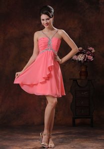 Popular Ruched Watermelon Short Prom Dress with Rhinestones