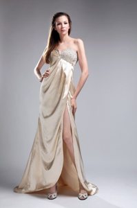 Champagne Slitted Beaded Brush Train Prom Dress for Ladies