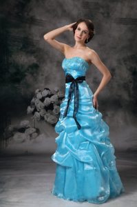 Floor-length Strapless Aqua Blue Beaded Prom Dress with Sash