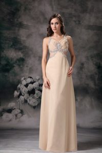Straps Beaded Champagne Prom Dresses with Cutouts On Back