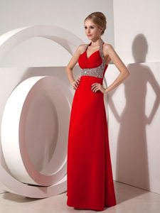 Custom Made Red Column Halter top Beaded Long Prom Dresses