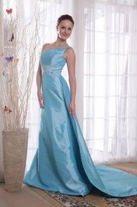 Affordable One Shoulder Watteau Train Blue Beaded Prom Dresses