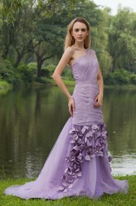 Pretty Lilac One Shoulder Brush Train Prom Dress Hand Made Flowers