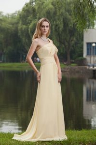 Zipper-up Prom Court Dress One Shoulder Brush Train in Light Yellow