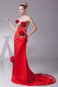 Elegant Ruched Prom Court Dresses Hand Made Flowers Sweep Train