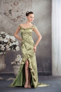 Olive Green Off the Shoulder Prom Court Dress High-low Sweep Train
