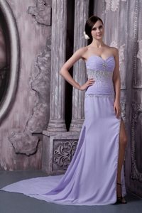 Beaded Prom Bridesmaid Dress Ruches with Slit on the Side Court Train